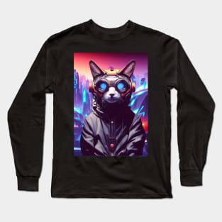 Cool Japanese Techno Cat In Future World Japan Neon City Long Sleeve T-Shirt